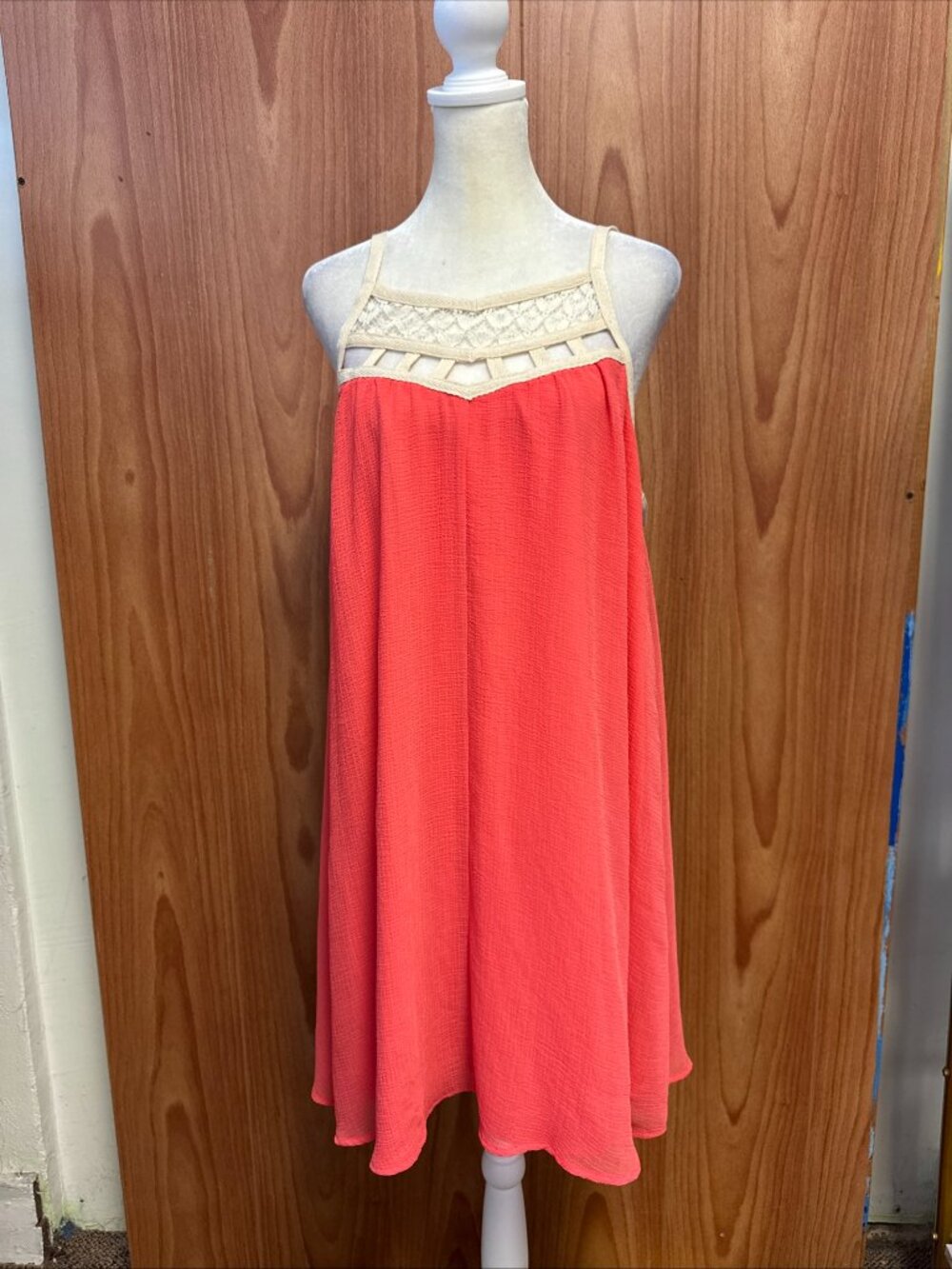 Flying Tomato Orange Coral Cream Sleeveless Mini Sun Dress L Large Boho Summer